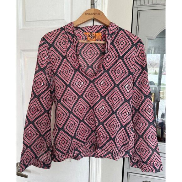 Tory Burch "Stephanie" Size 6 Pink and Black Geometric Aztec Tunic Blouse - Picture 1 of 6